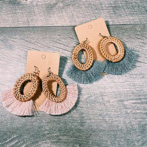 Wood Oval and Fringe Earrings